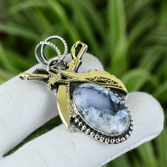 Dendrite Opal Sword Pendant: Handmade 925 Sterling Silver, 18k Gold Plated Dendrite Opal Sword Pendant: Handmade 925 Sterling Silver, 18k Gold Plated