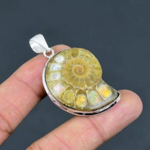 Ethiopian Opal Ammonite Fossil Pendant: Handmade 925 Sterling Silver Jewelry