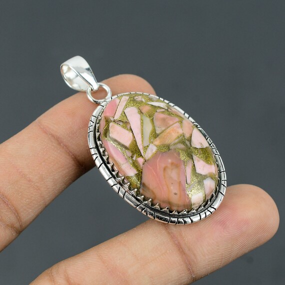 Handmade Copper Pink Opal Pendant: 925 Sterling Silver Gemstone Jewelry Handmade Copper Pink Opal Pendant: 925 Sterling Silver Gemstone Jewelry