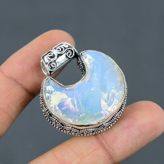 Handmade Crescent Moon Pendant: Milky Opal, 925 Sterling Silver Handmade Crescent Moon Pendant: Milky Opal, 925 Sterling Silver
