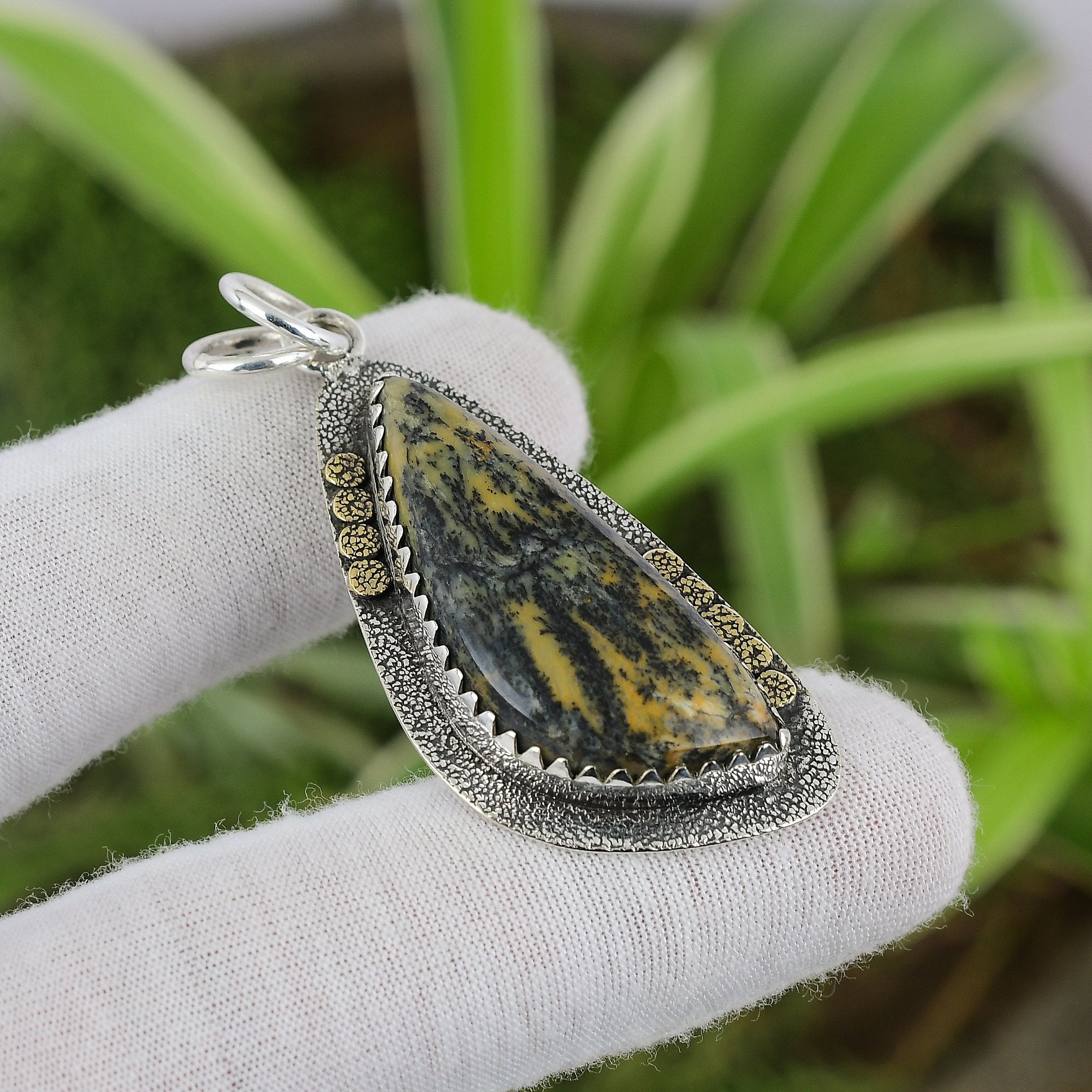 Handmade Honey Dendrite Opal Pendant: 925 Sterling Silver, 18k Gold Plated Handmade Honey Dendrite Opal Pendant: 925 Sterling Silver, 18k Gold Plated
