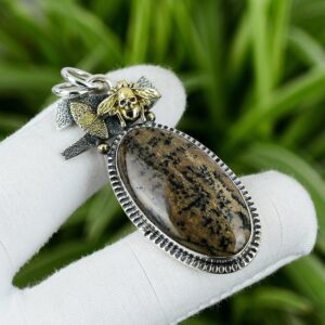 Honey Dendrite Opal Pendant: Sterling Silver Bee Skull, Handmade Gemstone