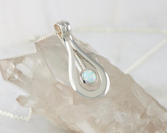 Sterling Silver Opal Pendant Necklace - Modern Teardrop Design