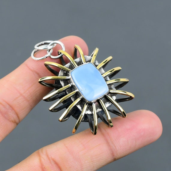 Owyhee Blue Opal Pendant: 925 Sterling Silver, 18k Gold Plated Cage Jewelry