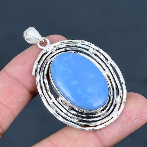 Owyhee Blue Opal Pendant: Handmade 925 Sterling Silver Flower Jewelry