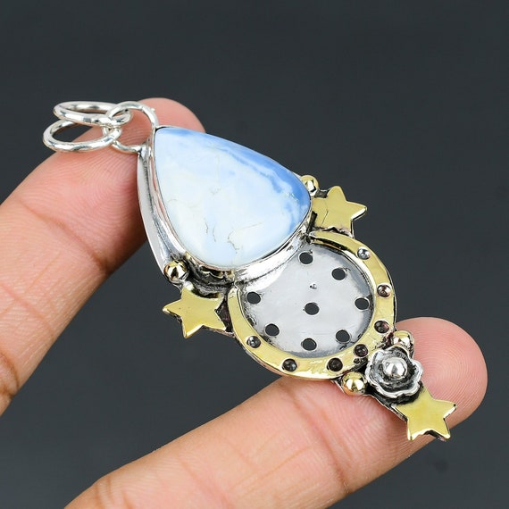 Owyhee Blue Opal Star Pendant: Antique 925 Sterling Silver Jewelry