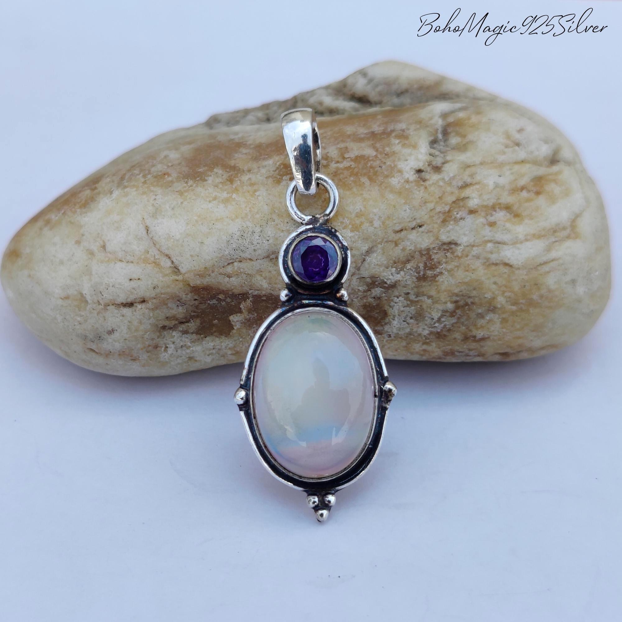 Sterling Silver Aurora Opal Pendant Necklace - Handmade Boho Jewelry Sterling Silver Aurora Opal Pendant Necklace - Handmade Boho Jewelry