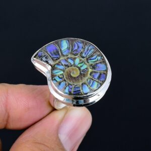 Abalone Shell In Ammonite Doublet Opal Ring: Adjustable Sterling Silver Jewelry Abalone Shell In Ammonite Doublet Opal Ring: Adjustable Sterling Silver Jewelry