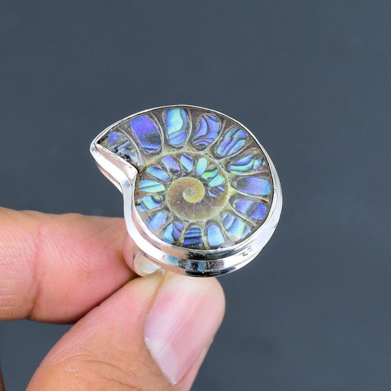 Abalone Shell In Ammonite Doublet Opal Ring: Adjustable Sterling Silver