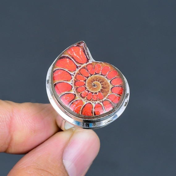 Ammonite Opal Doublet Ring: 925 Sterling Silver Adjustable Gemstone Ring