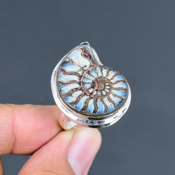 Ammonite Opal Doublet Ring: Adjustable Sterling Silver Gemstone