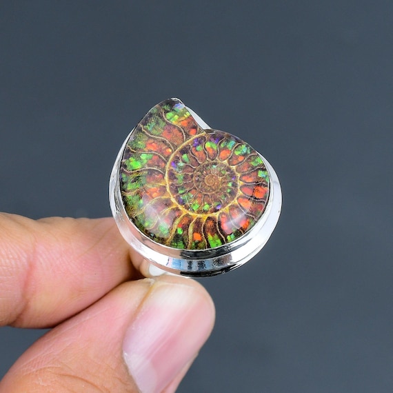Ammonite Doublet Opal Ring: Handmade 925 Sterling Silver Adjustable Ring