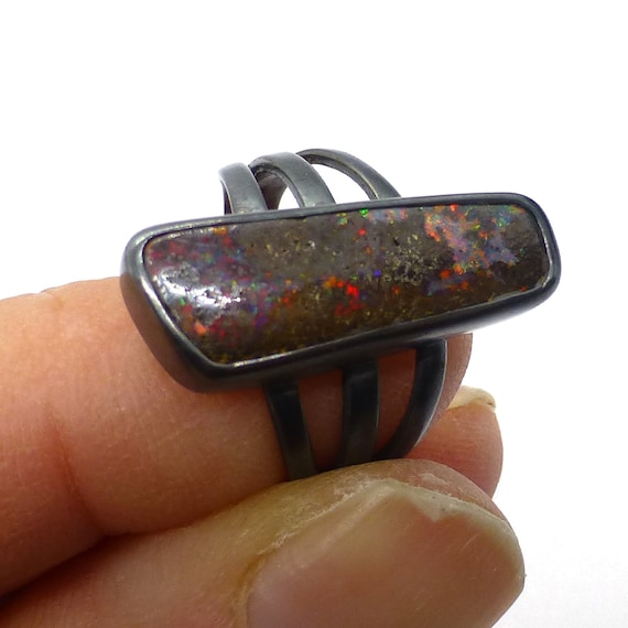 Australian Queensland Boulder Opal Ring Size 6.5 Oxidized Black Sterling Silver Australia One Of A Kind Handmade Lisajoy Sachs Design Australian Queensland Boulder Opal Ring Size 6.5 Oxidized Black Sterling Silver Australia One Of A Kind Handmade Lisajoy Sachs Design