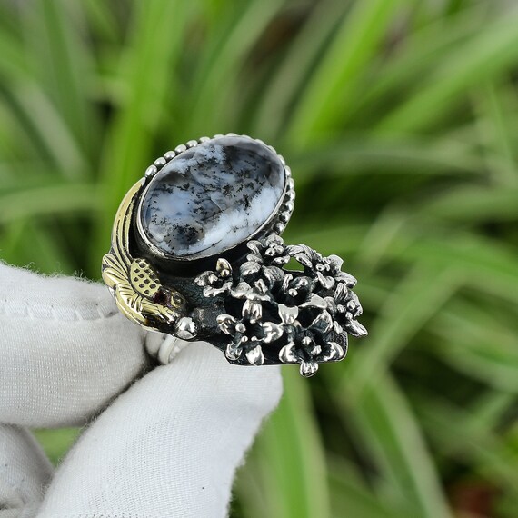 Dendrite Opal Sterling Silver Ring - Handmade Gemstone Jewelry, Size 9.75