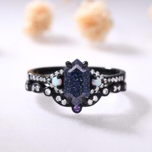 Galaxy Sandstone Engagement Ring Set: Black Gold Opal Halo Galaxy Sandstone Engagement Ring Set: Black Gold Opal Halo