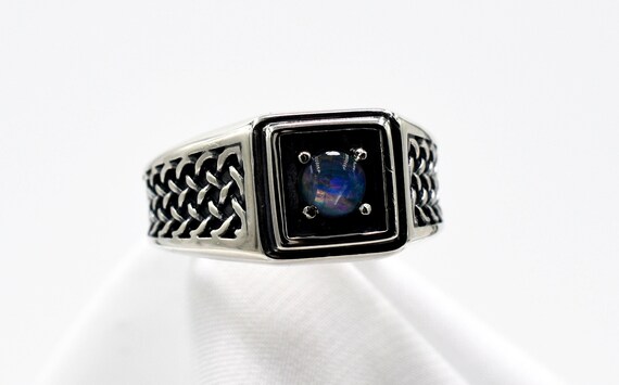 Opal Ring, Genuine Australian Opal Triplet  5 Mm Faceted Round, Set In 925 Sterling Silver Woven Style Ring