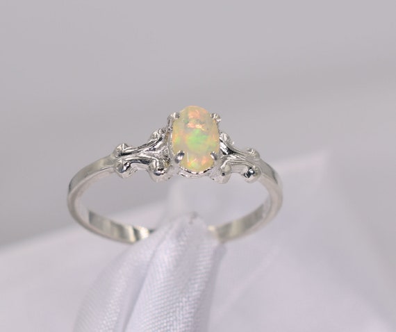 Opal Ring, Genuine Ethiopian Honey Color Opal 6x4 Mm Faceted Opal .32 Carats, October Birthstone, Set In 925 Sterling Silver Fancy Mounting