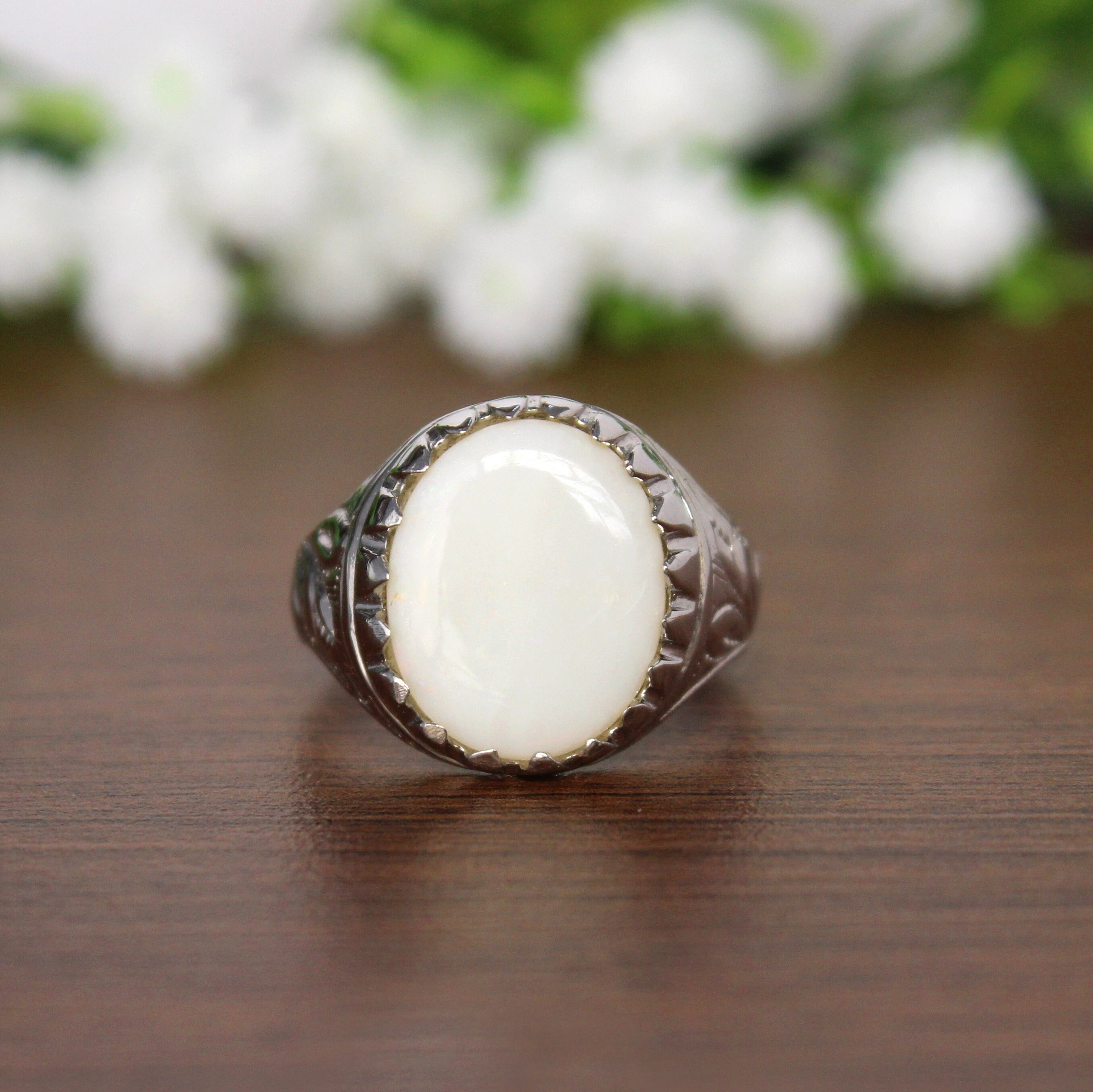 Opal Hand Carved Signet Ring, White Opal Handmade Ring, Opal Solitaire Cabochon Ring, Unisex Hippie Cocktail Ring, Tribal Bohemian Silver Ring