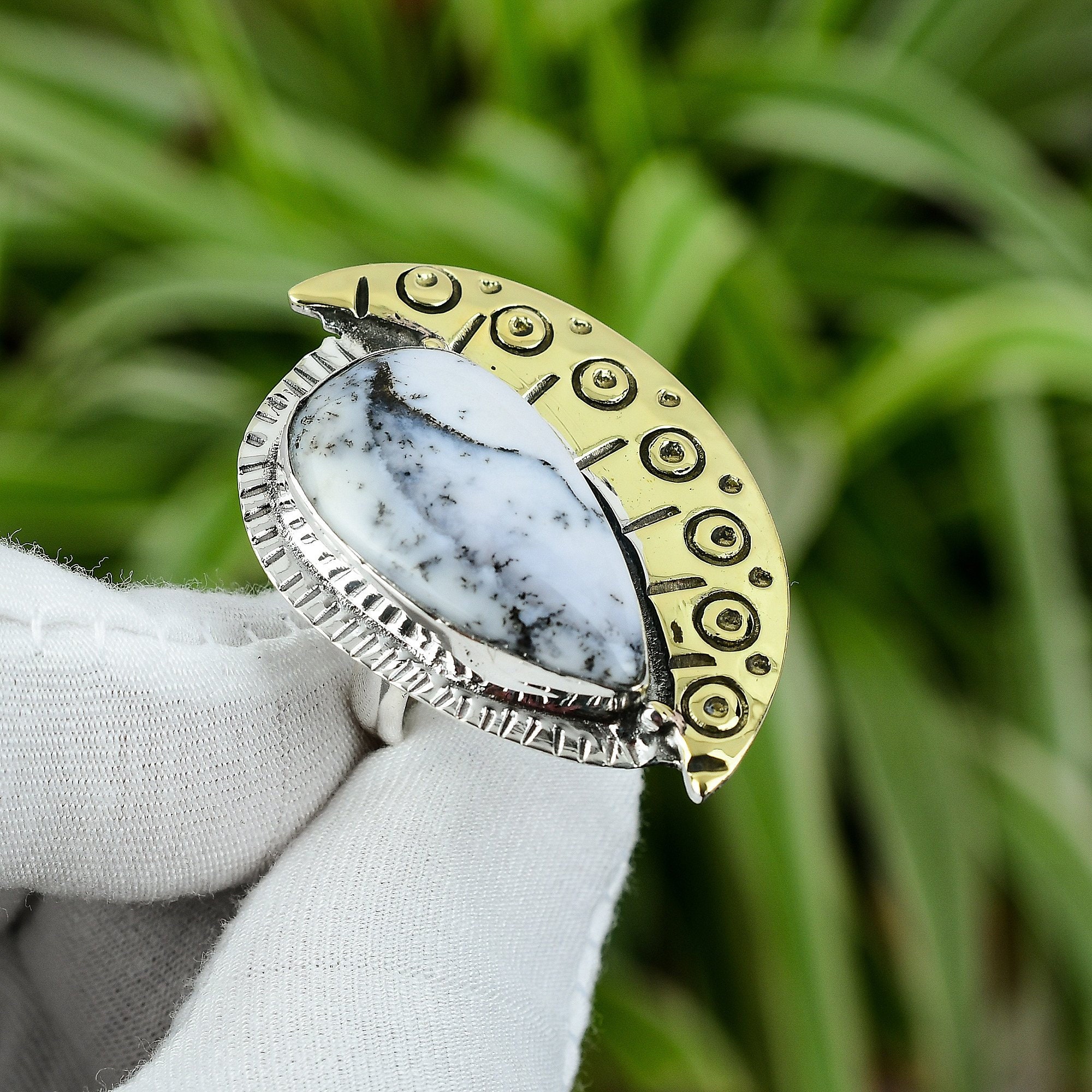 Handmade Dendrite Opal Ring: 18k Gold Plated Sterling Silver, Adjustable
