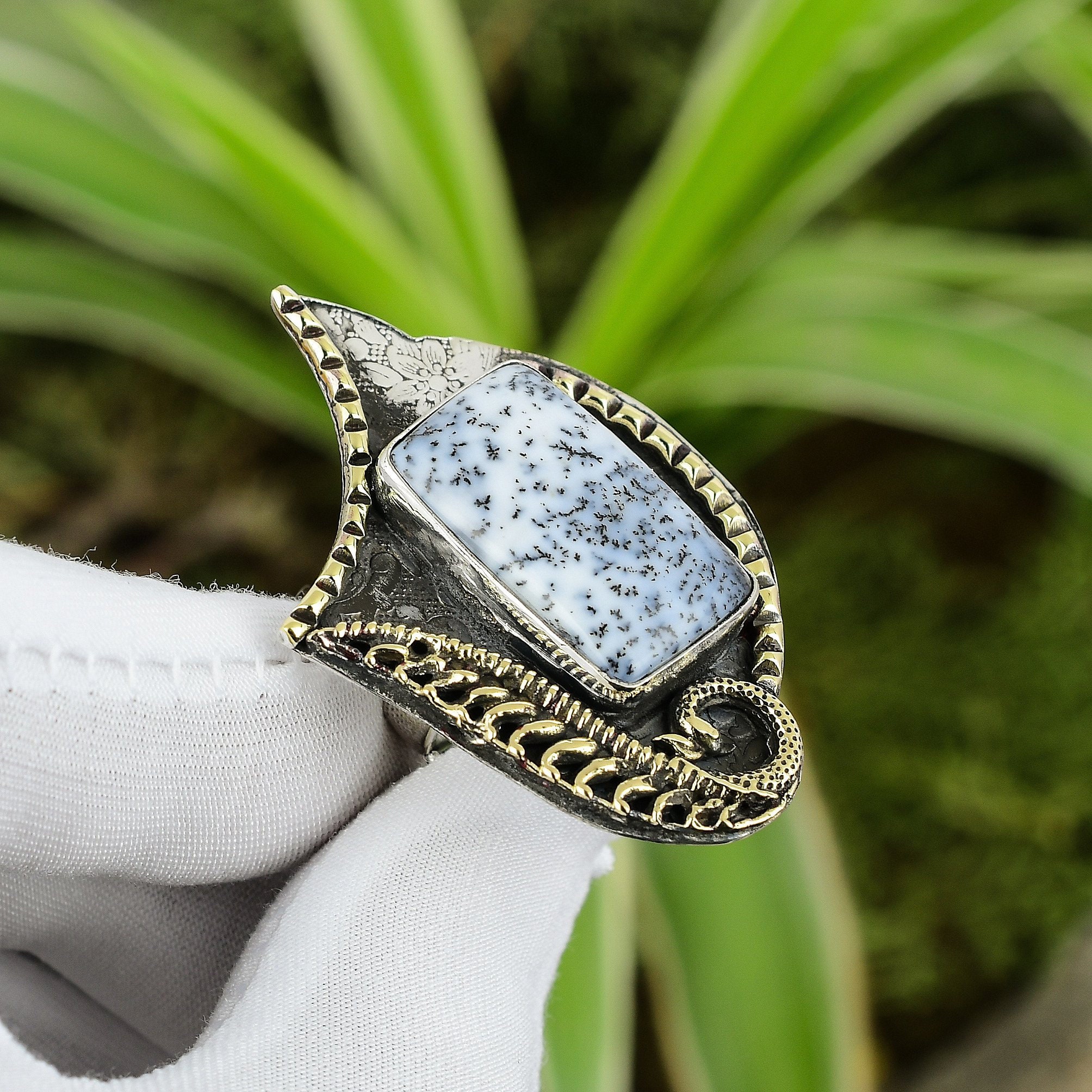 Handmade Dendrite Opal Ring: 18k Gold Plated Sterling Silver, Adjustable