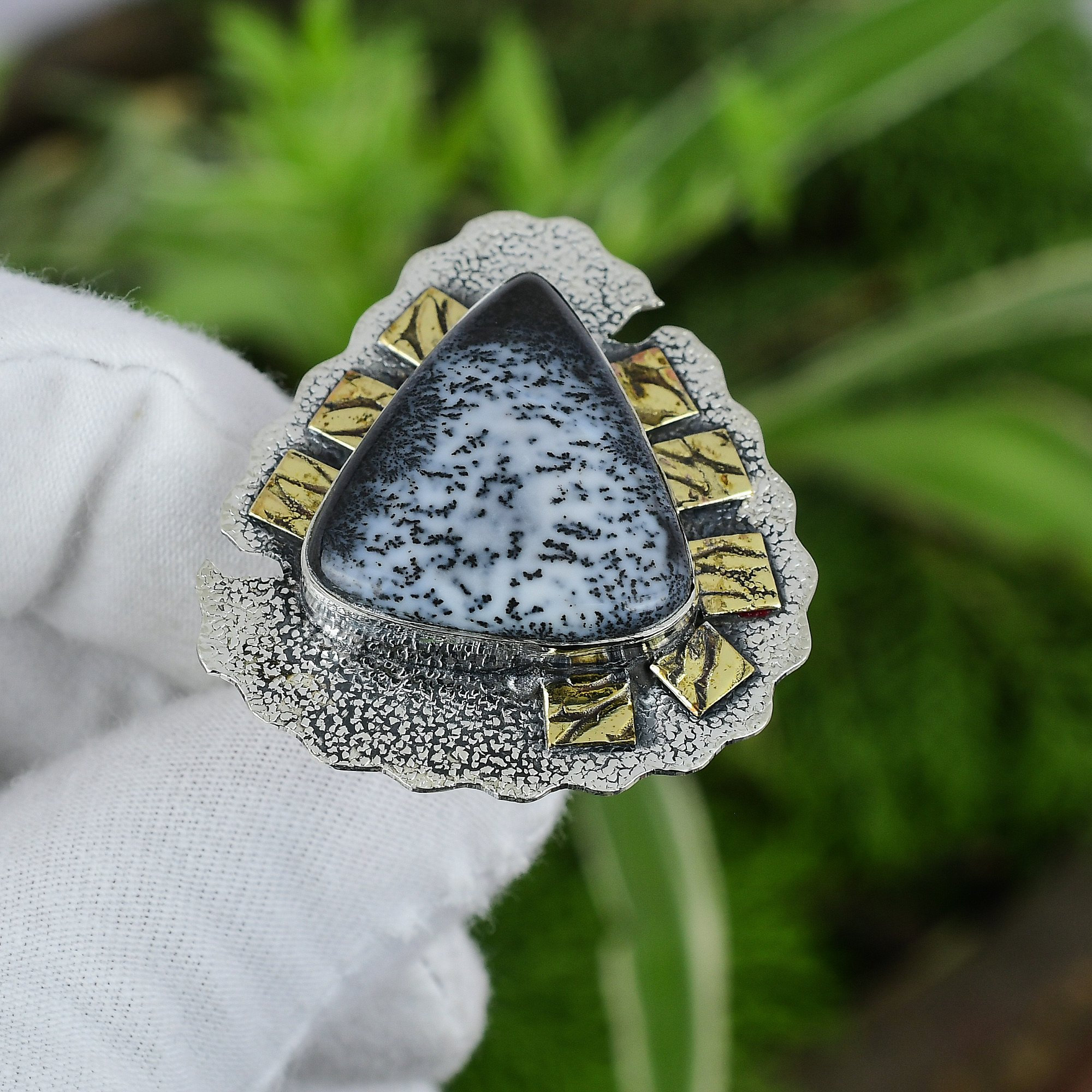 Handmade Dendrite Opal Ring: 18k Gold & Sterling Silver Adjustable Jewelry