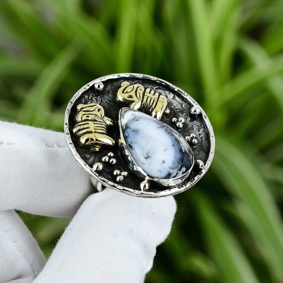 Handmade Dendrite Opal Ring: 925 Sterling Silver, 18k Gold Plated, Adjustable