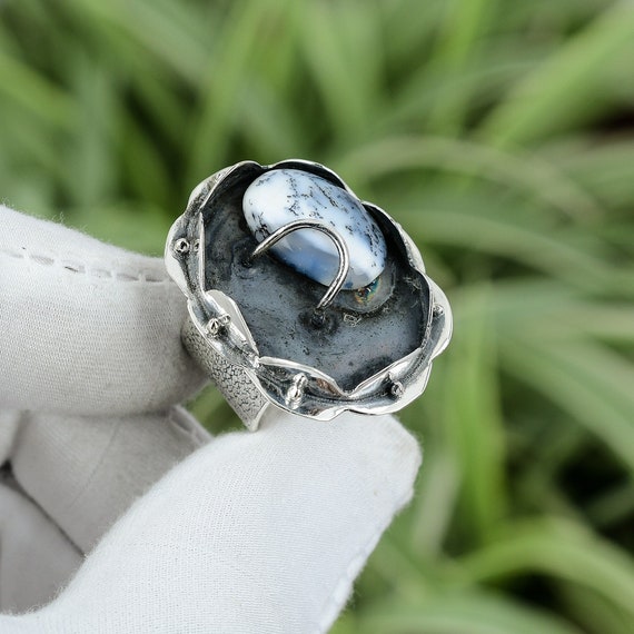 Handmade Dendrite Opal Ring: Adjustable Sterling Silver, 18k Gold Plated