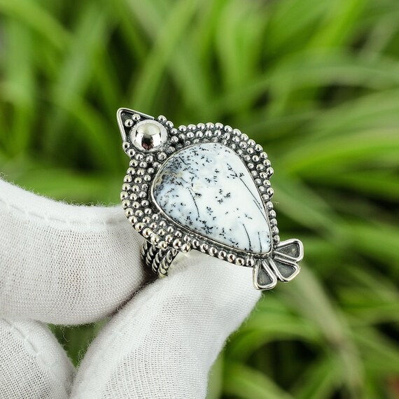 Handmade Dendrite Opal Ring: Pear Gemstone, Sterling Silver, Size 8.75 Handmade Dendrite Opal Ring: Pear Gemstone, Sterling Silver, Size 8.75