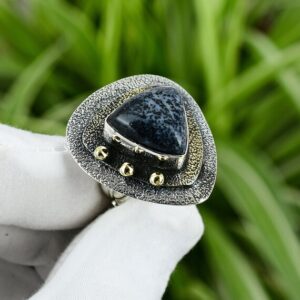 Handmade Dendrite Opal Ring: Trillion Gemstone, 925 Sterling Silver, Adjustable Handmade Dendrite Opal Ring: Trillion Gemstone, 925 Sterling Silver, Adjustable