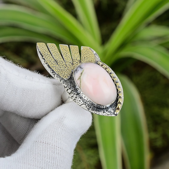 Handmade Pink Opal Ring: 925 Sterling Silver, 18k Gold Plated, Adjustable Handmade Pink Opal Ring: 925 Sterling Silver, 18k Gold Plated, Adjustable