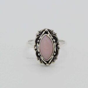 Handmade Pink Opal Ring: Sterling Silver Marquise Gemstone Handmade Pink Opal Ring: Sterling Silver Marquise Gemstone