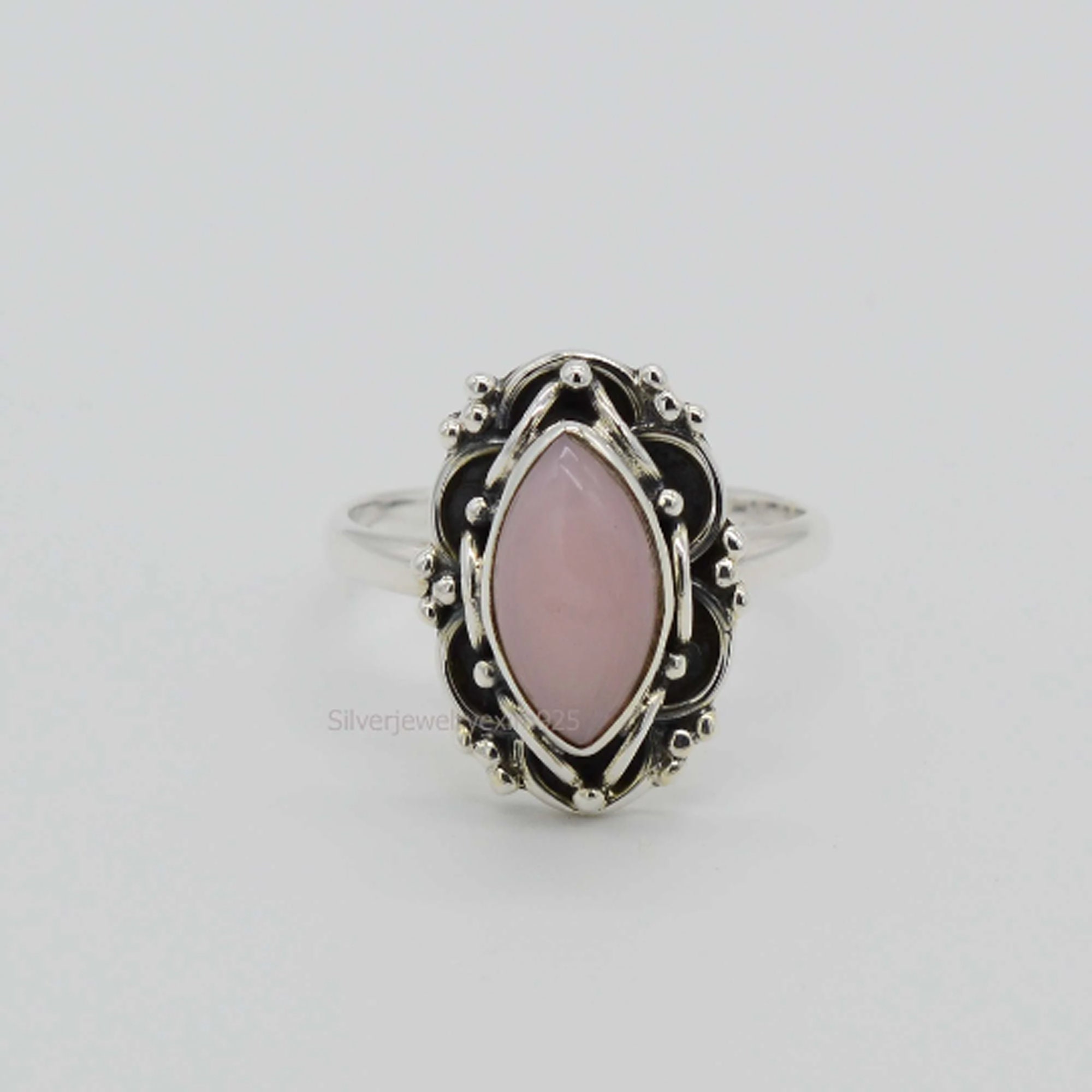 Handmade Pink Opal Ring: Sterling Silver Marquise Gemstone Handmade Pink Opal Ring: Sterling Silver Marquise Gemstone