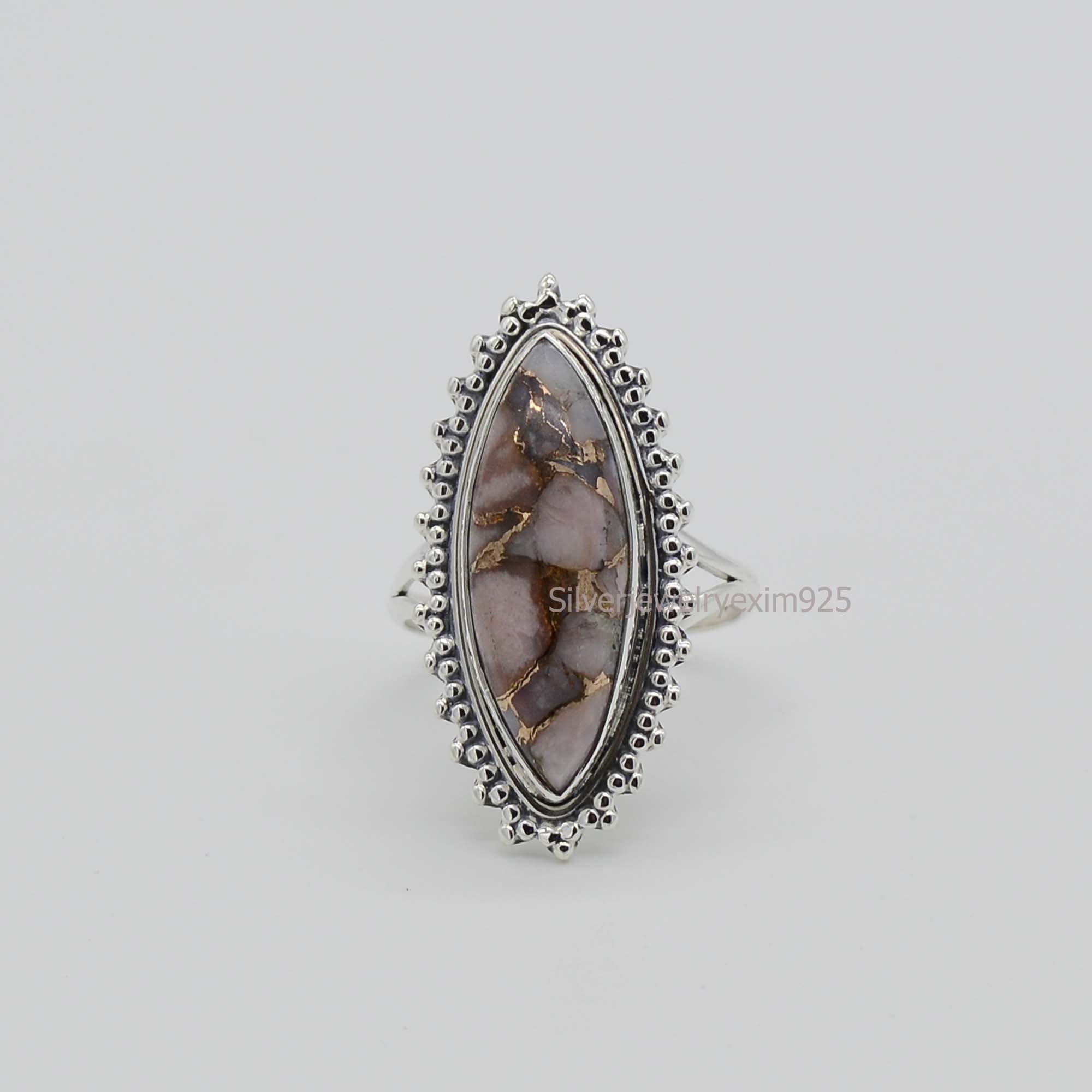 Marquise Pink Opal Copper Ring: 925 Sterling Silver October Birthstone