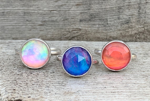 Neon Bright Faceted Aurora Opal Doublet Sterling Silver | Fun Sterling Silver Ring | Neon Stone Ring