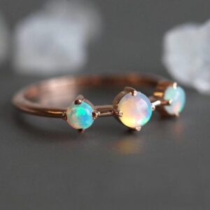 Opal Ring • October Birthstone Ring • Three Stone Opal Band • 14k 18k Solid Gold • Minimalist Stackable Ring • Gift for Her Opal Ring • October Birthstone Ring • Three Stone Opal Band • 14k 18k Solid Gold • Minimalist Stackable Ring • Gift for Her