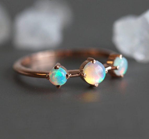 Opal Ring • October Birthstone Ring • Three Stone Opal Band • 14k 18k Solid Gold • Minimalist Stackable Ring • Gift For Her