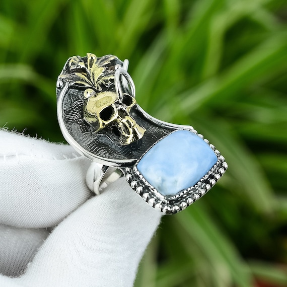 Owyhee Blue Opal Skull Ring: 18k Gold Plated Sterling Silver, Adjustable