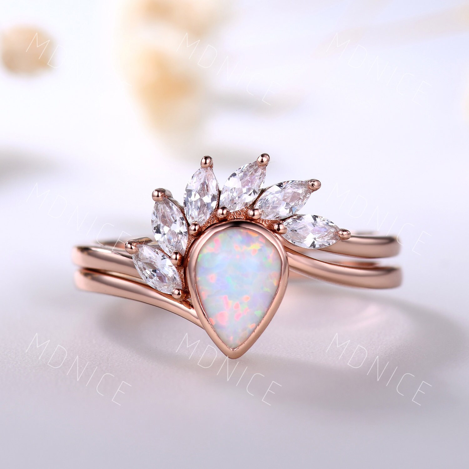 Pear Opal Engagement Ring Set: Rose Gold Bridal Ring, Marquise Band