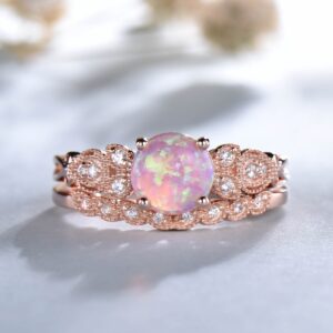 Pink Opal Engagement Ring Set: Vintage Rose Gold Bridal Jewelry
