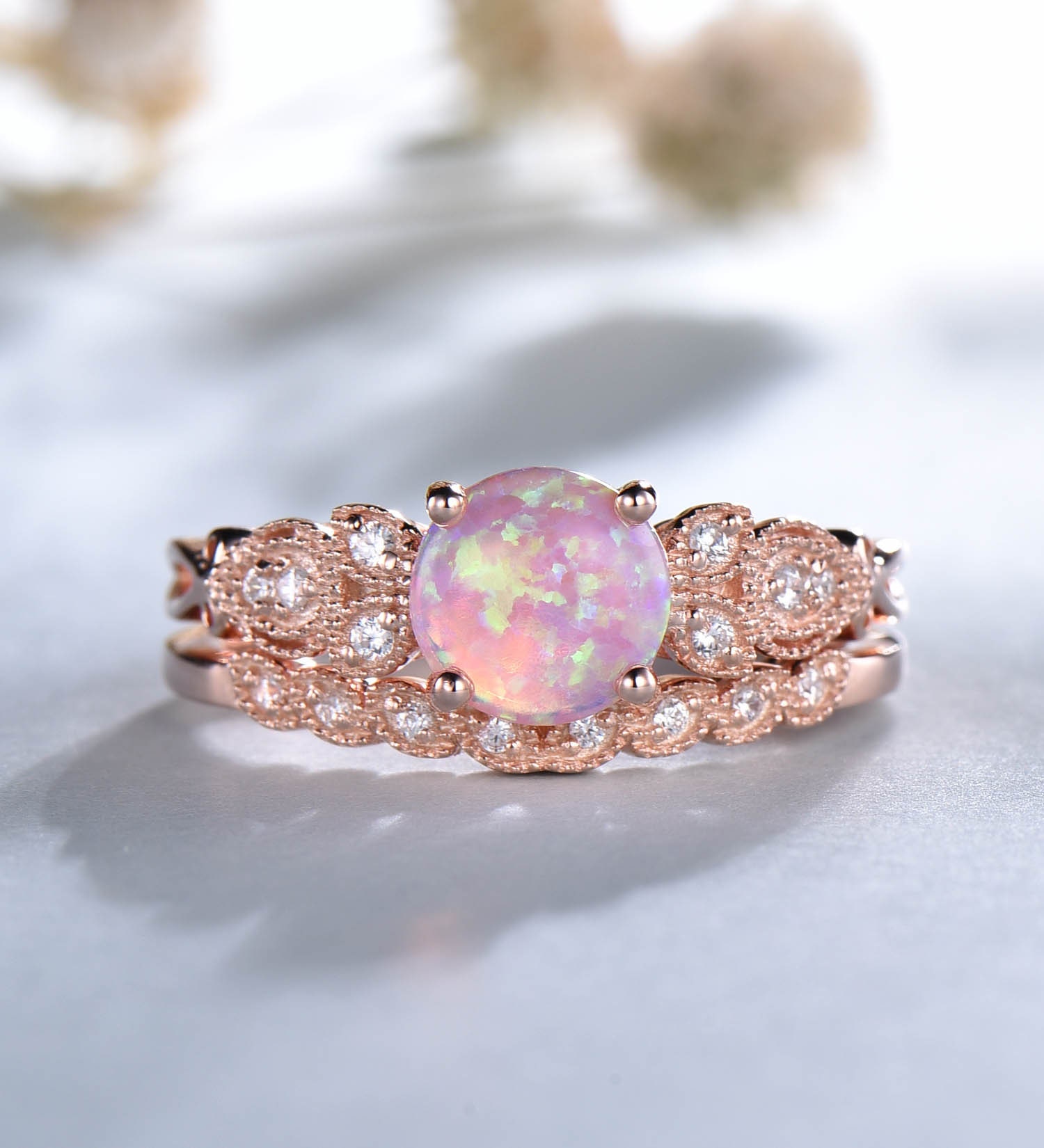 Pink Opal Engagement Ring Set: Vintage Rose Gold Bridal Jewelry Pink Opal Engagement Ring Set: Vintage Rose Gold Bridal Jewelry