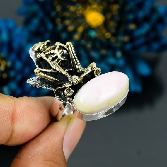 Pink Opal Skeleton Ring: 18k Gold Plated 925 Sterling Silver, Adjustable