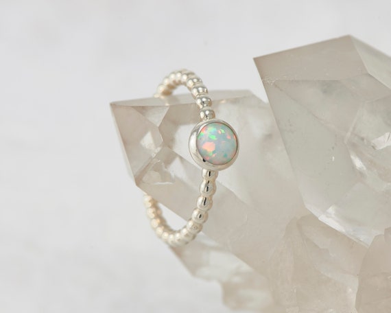 Opal Ring- Silver Opal Ring- Modern Opal Ring With Dotted Pattern Band- Sterling Silver Ring- Silver Jewelry