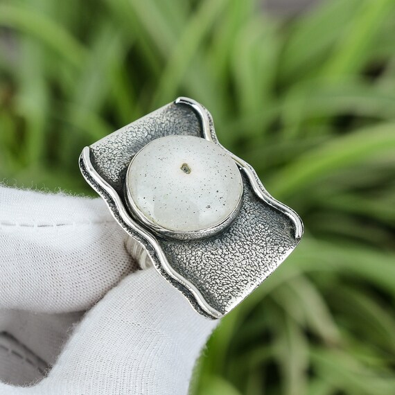 Solar Moss Opal Ring: Handmade 925 Sterling Silver, Size 8