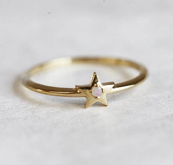 Opal Ring • Solid Gold Star Ring • Thin Stacking Band • Everyday Ring • Promise Ring