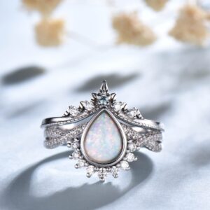 Vintage Pear Opal Wedding Ring Set: Sterling Silver Promise Ring