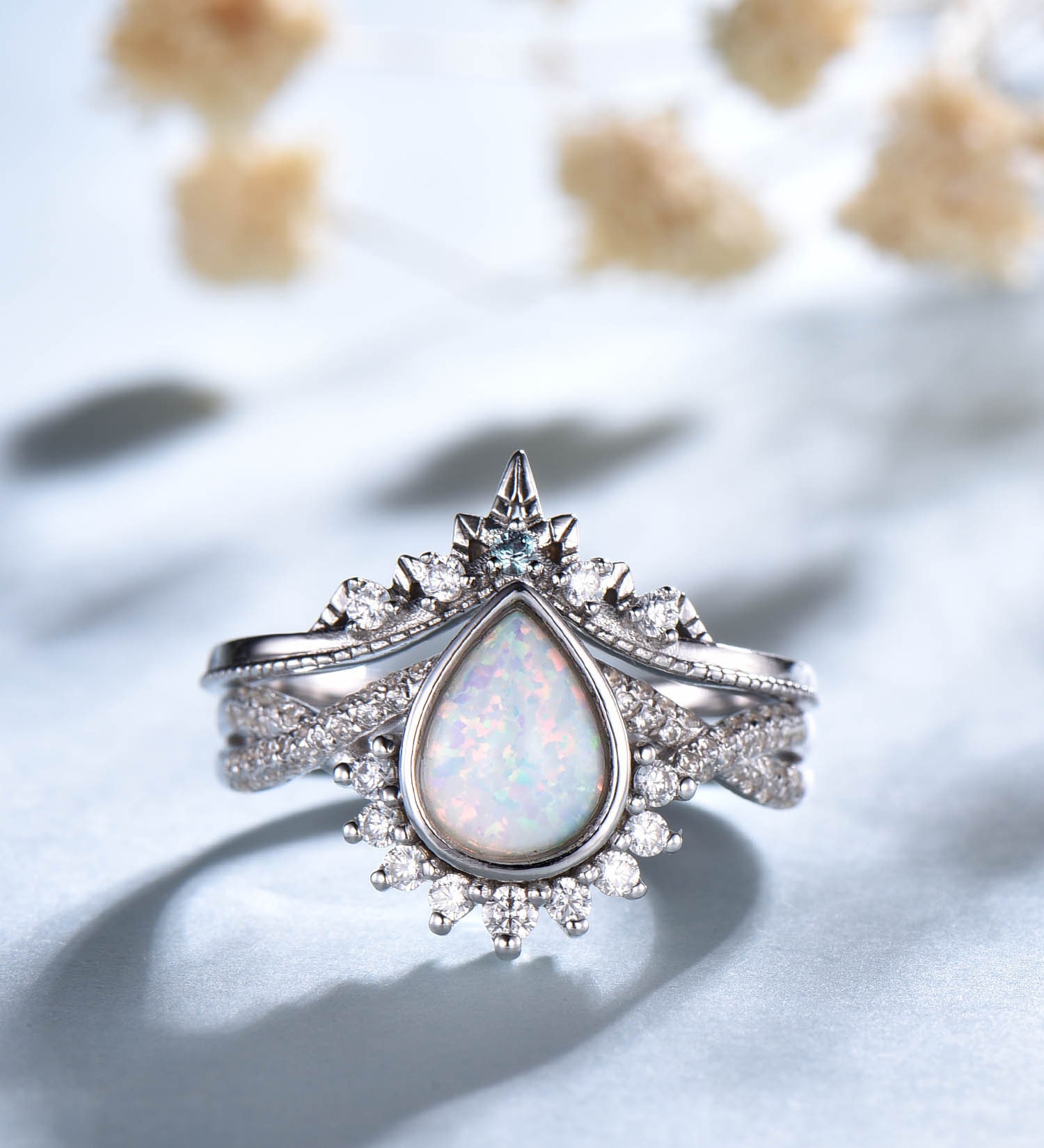 Vintage Pear Opal Wedding Ring Set: Sterling Silver Promise Ring