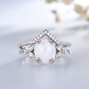 Vintage Style Opal Engagement Ring Set: Sterling Silver Cz Wedding Band