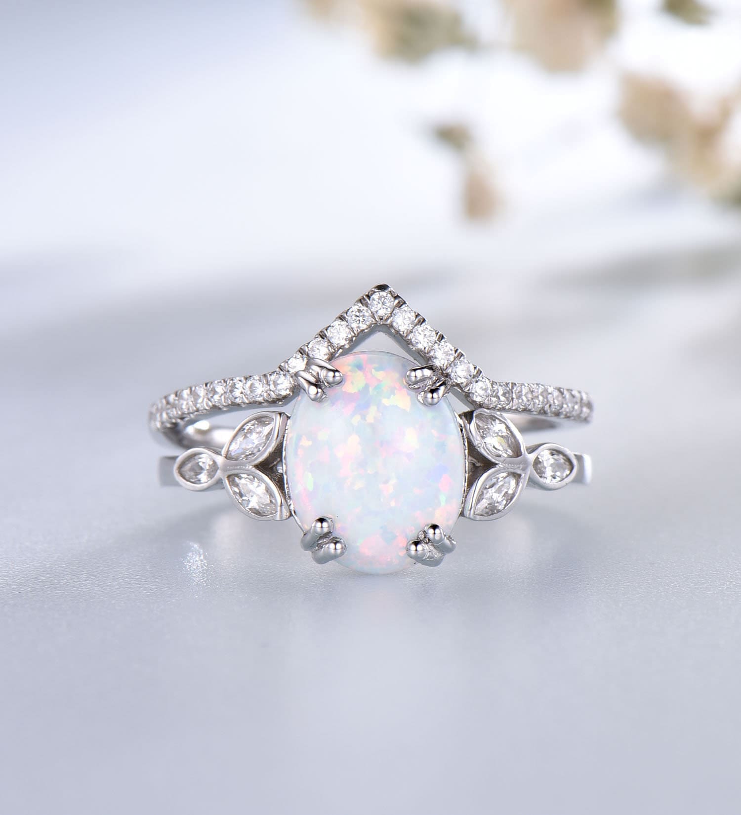 Vintage Style Opal Engagement Ring Set: Sterling Silver Cz Wedding Band Vintage Style Opal Engagement Ring Set: Sterling Silver Cz Wedding Band