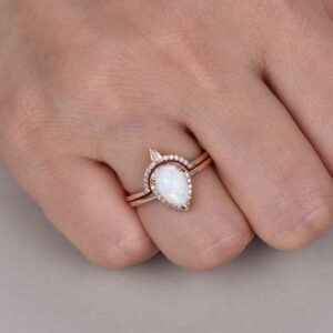 Vintage White Fire Opal Wedding Set: Rose Gold Plated Sterling Silver Crown Ring