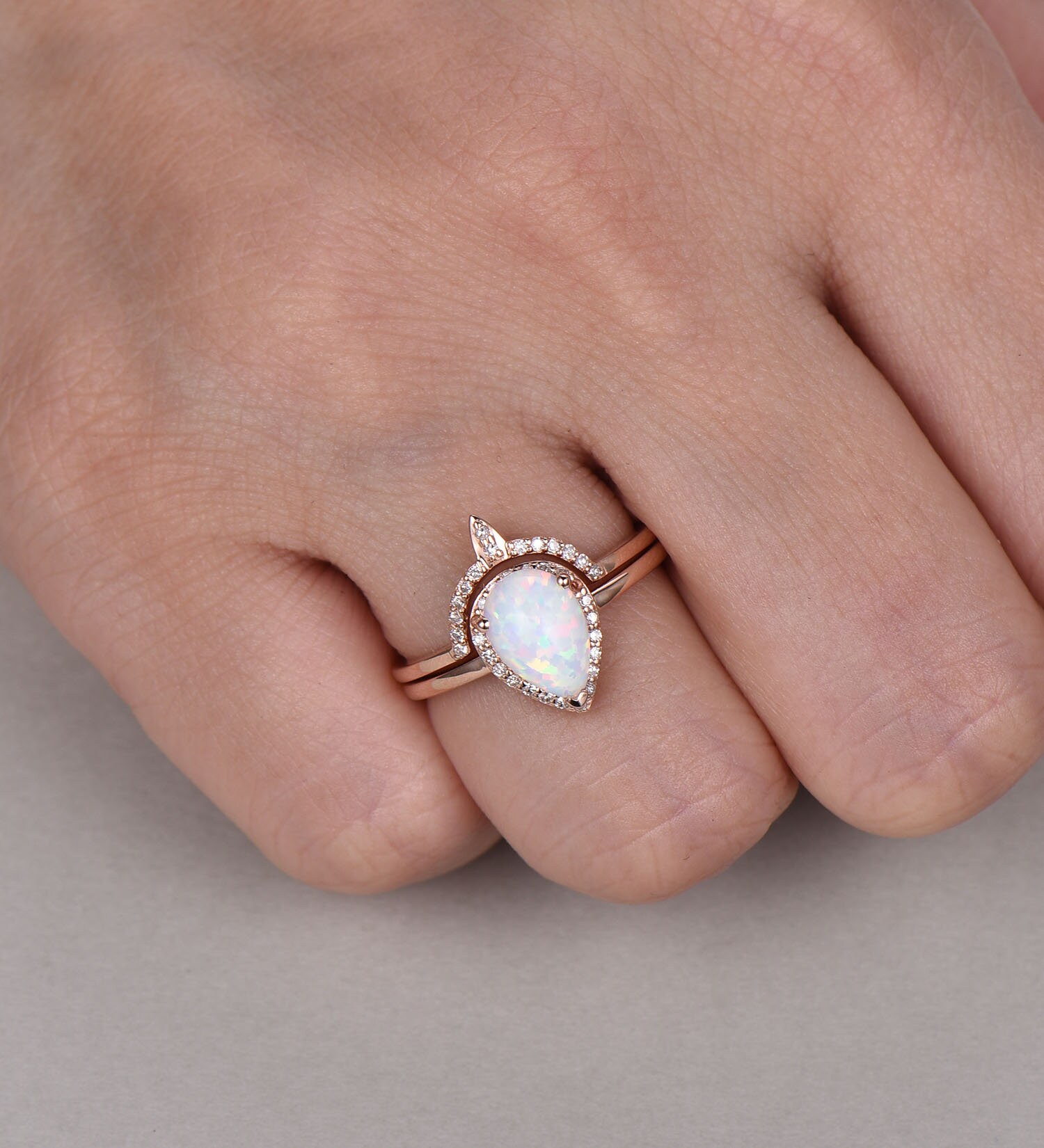 Vintage White Fire Opal Wedding Set: Rose Gold Plated Sterling Silver Crown Ring